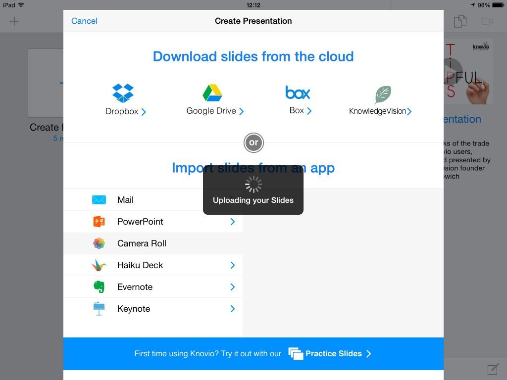 upload slides to your first knovio project using mobile app